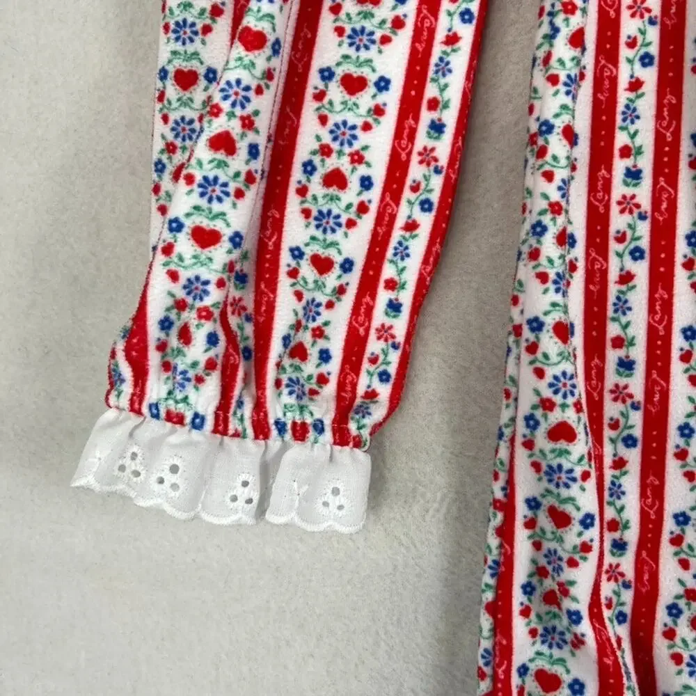 Lanz Nightgown Girls M 7/8 Red White Tyrolean Floral Fleece Eyelet Lace